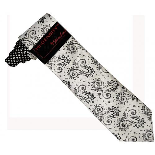 Hi-Density By Steven Land SL096 White / Black Paisley Design 100% Woven Silk Necktie / Hanky Set